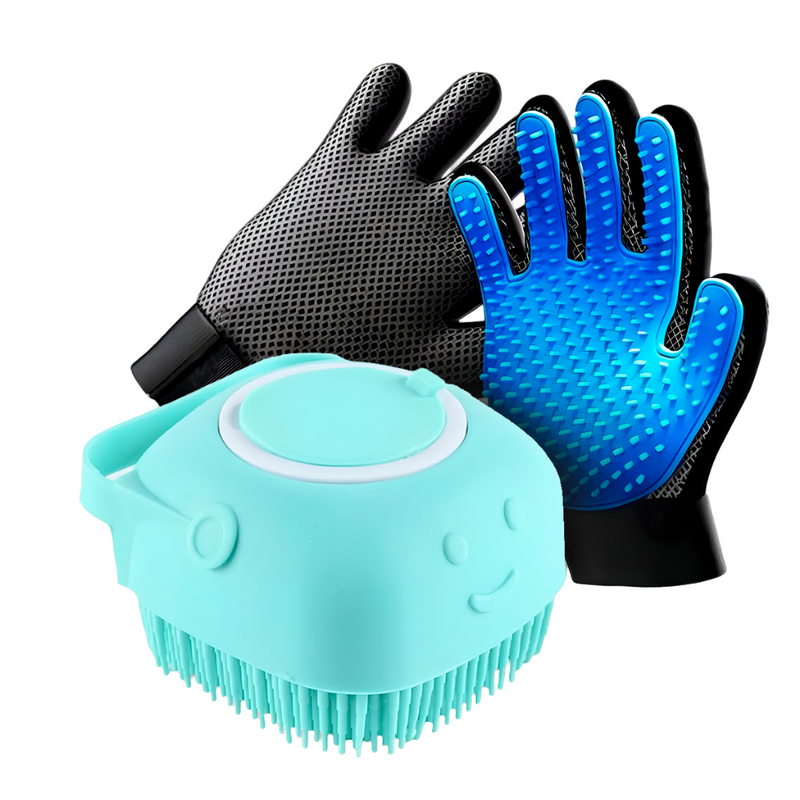 Kit de Higiene para Cães e Gatos – Luva Tira Pelos + Escova Massageadora com Dispenser