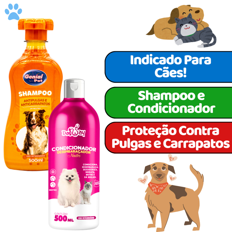 Kit Shampoo Anti Pulgas e Carrapatos + Condicionador Desembaraçador para Cachorro e Gato Genial Pet