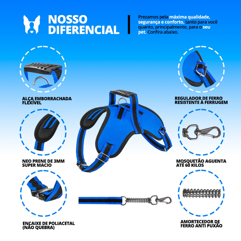 coleira e Guia para cachorro nome personalizado coleira peitoral conforto peiteira sistema amortecedor impacto regulagem